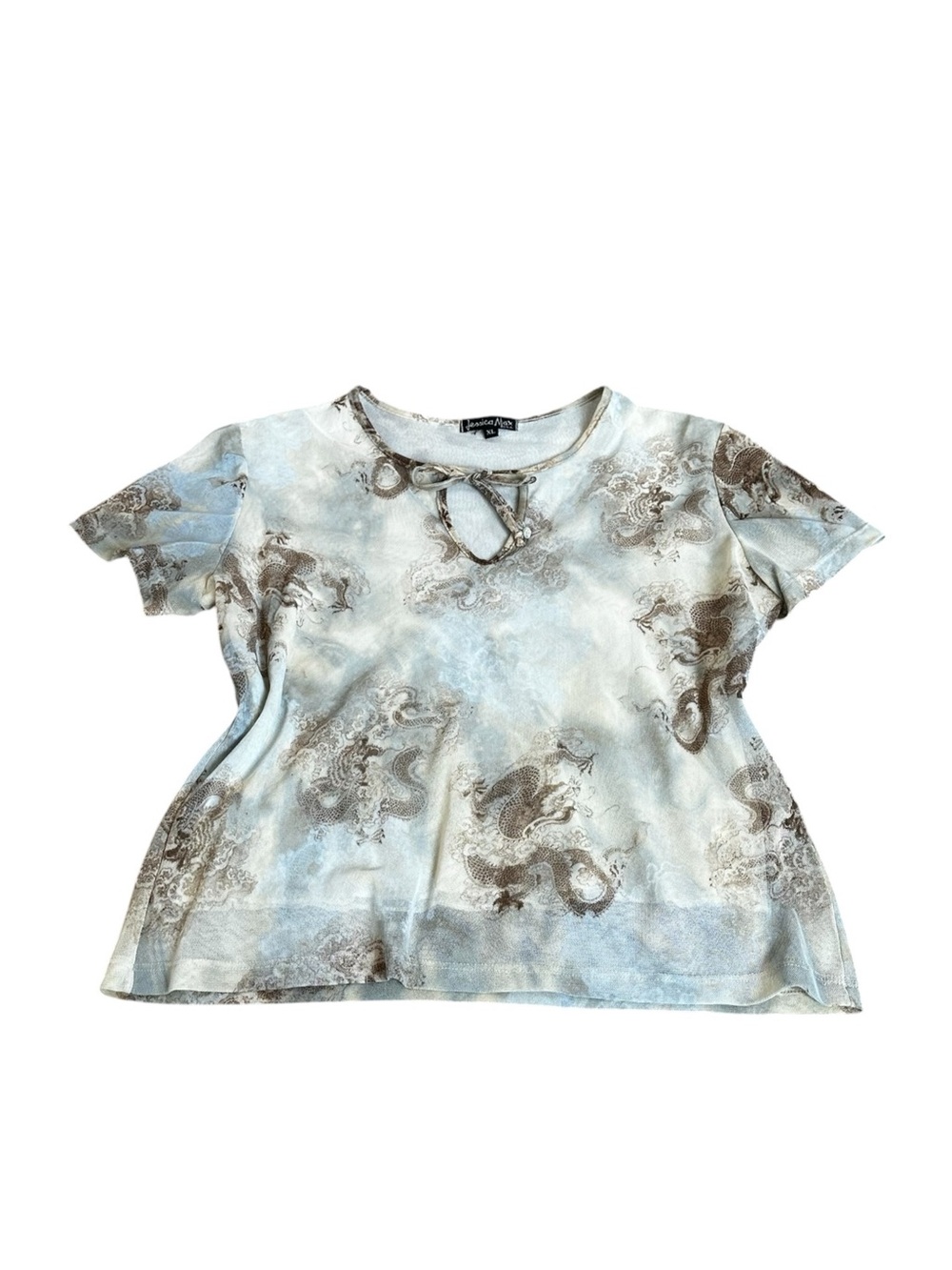 Vintage Semi Sheer Mesh Overlay Y2K Dragon Print Top Fairy Grunge Cyber Girl